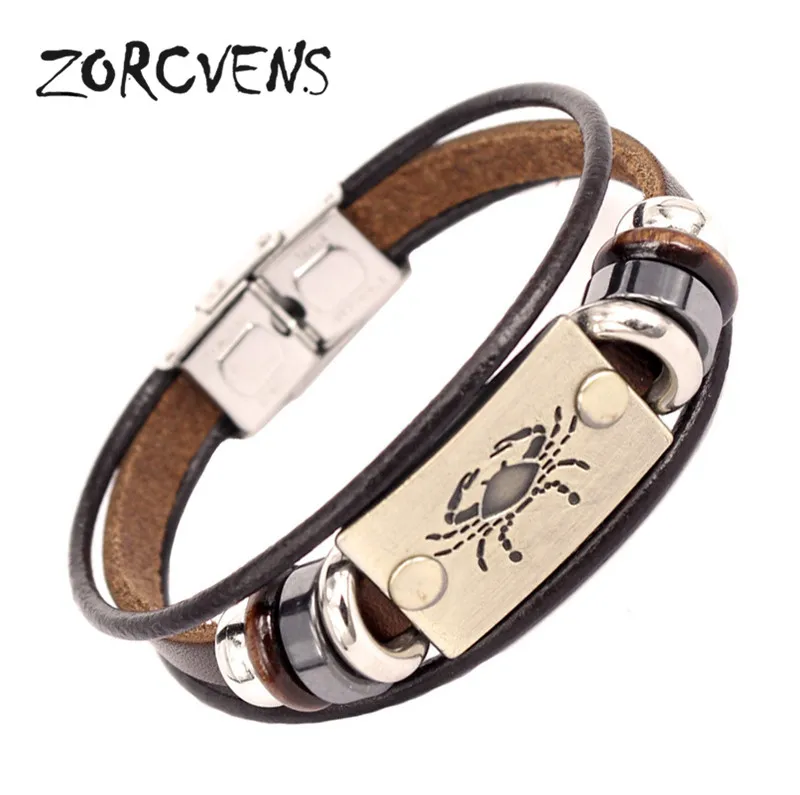 ZORCVENS 2021 New Fashion 12 Constellation Signs Bracelets Bangles Stainless Steel Leather Bracelet for Men | Украшения и