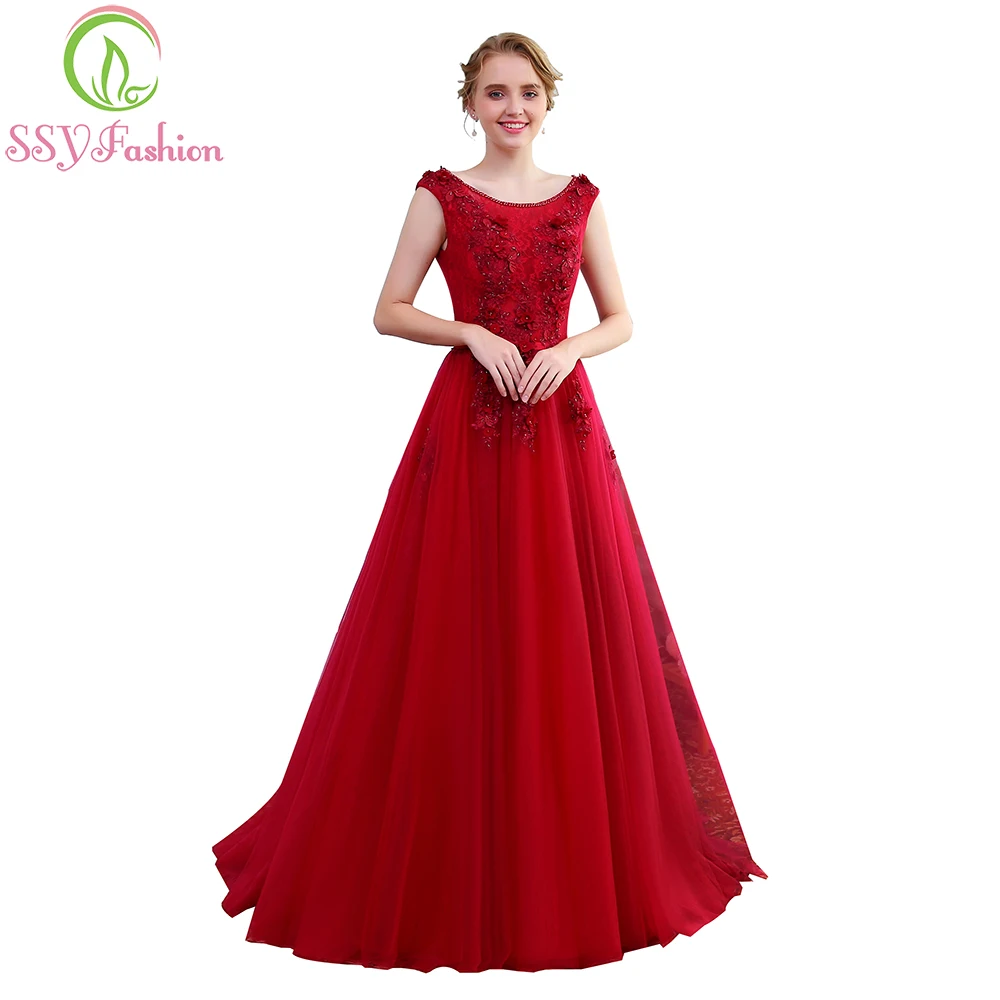 Robe De Soiree SSYFashion, элегантное вечернее платье для банкета, невесты, цвета красного вина, кружевное, с цветами, с бисером, длинное, для вечеринки, выпускного, платья на заказ