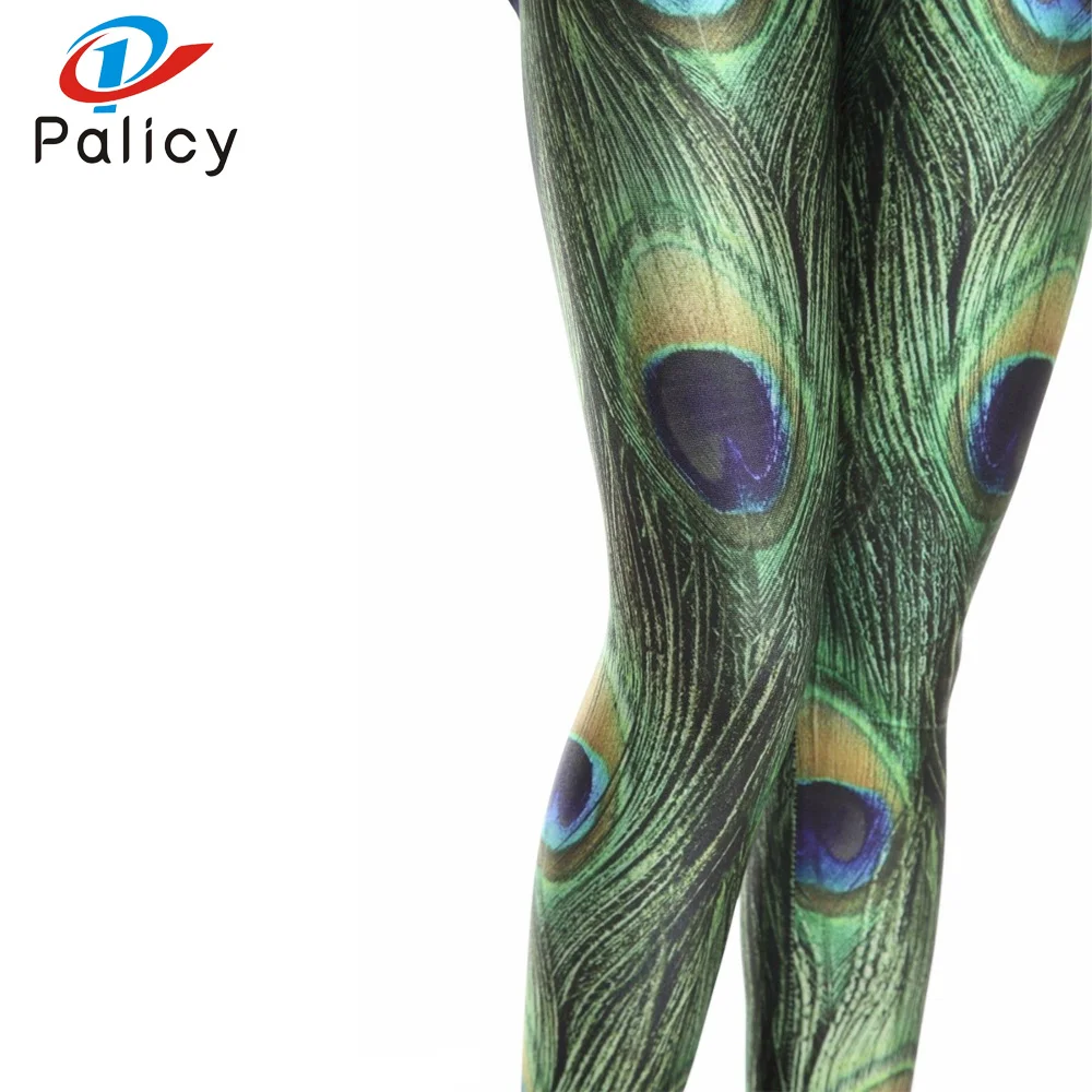 Palicy Women Leggings Fashion Punk 3D Printed Slim Strench Pants Trousers Leggins Peacock Pattern Green Mid High Waist