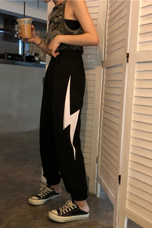 Для женщин в Корейском стиле панк Chic Harajuku Ulzzang свободные Lightning узор Высокая Талия