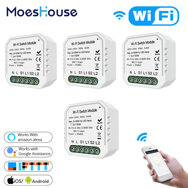 2 банды 2 способ Wifi дистанционный переключатель освещения Diy модуль Smart Life/Tuya приложение беспроводной контроль, работа с Alexa Echo Google Home 4 шт