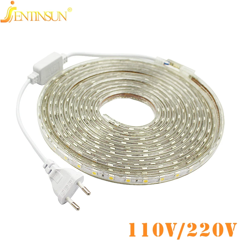220 В 110 Светодиодные ленты свет SMD 5050 Водонепроницаемый гибкий 60led/M с Мощность