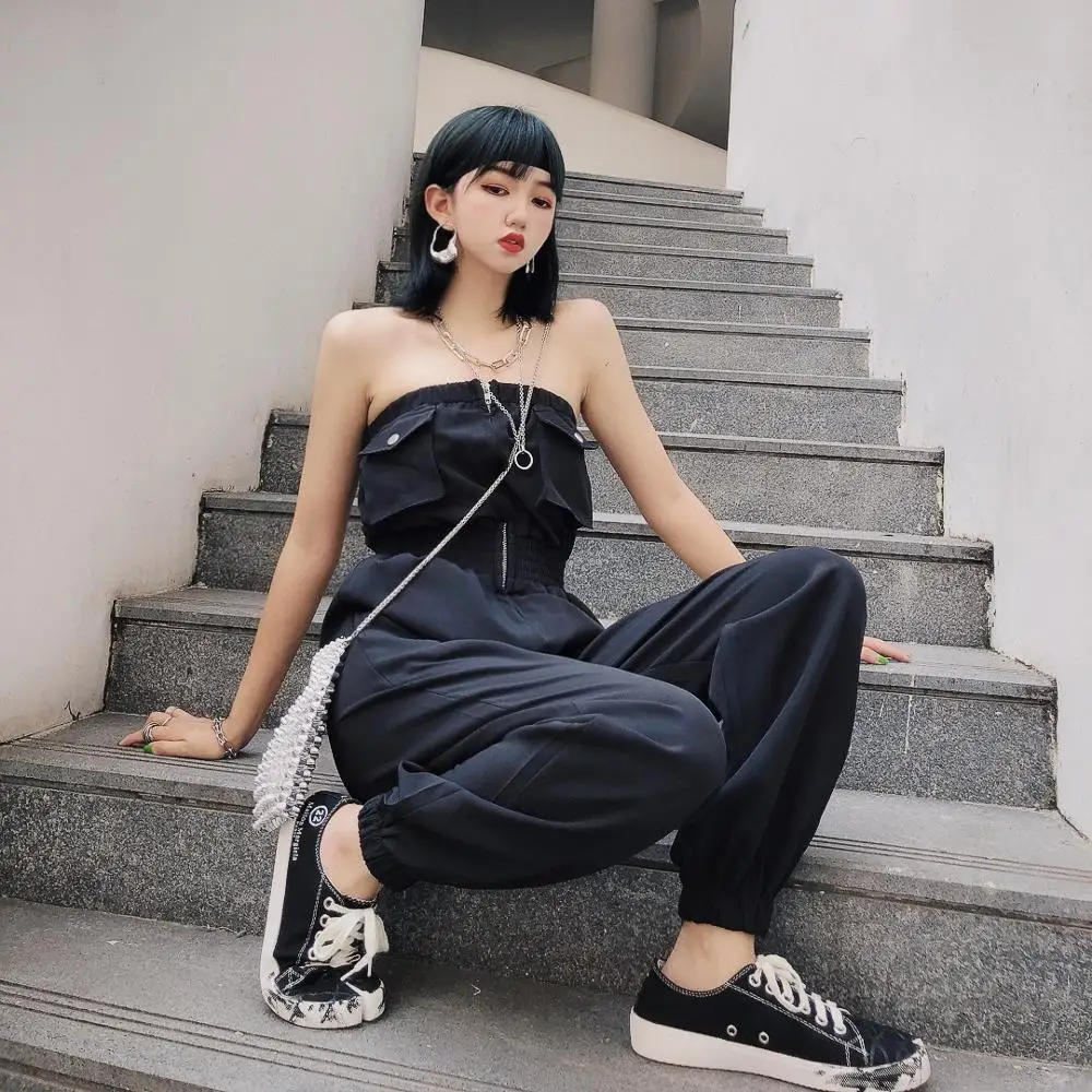 Jasmine fashion personality Shoulder-exposed сексуальный черный комбинезон для вытирания груди