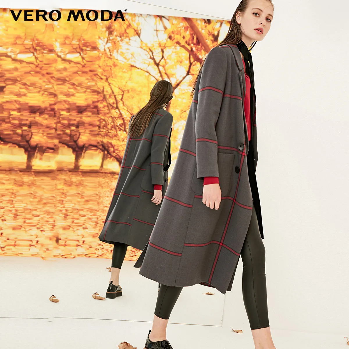 Vero Moda Новая женская куртка женская клетчатая двубортная кокон пальто Длинная зимняя куртка | 318321501 - Цвет: Granit mel.