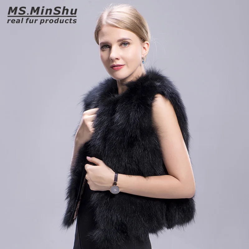 

Женский меховой жилет Ms.MinShu, черный жилет из 100% натуральный мех лисы натурального Лисьего меха, оптовая и розничная продажа с завода
