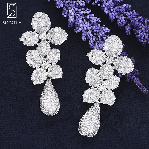 Silver SISCATHY, Роскошные, 50*23 мм, цветок, женские серьги, длинные, висячие, индийские, свадебные с кубическим цирконом, Дубай, CZ, серьги, ювелирное изделие - Окраска металла: Silver