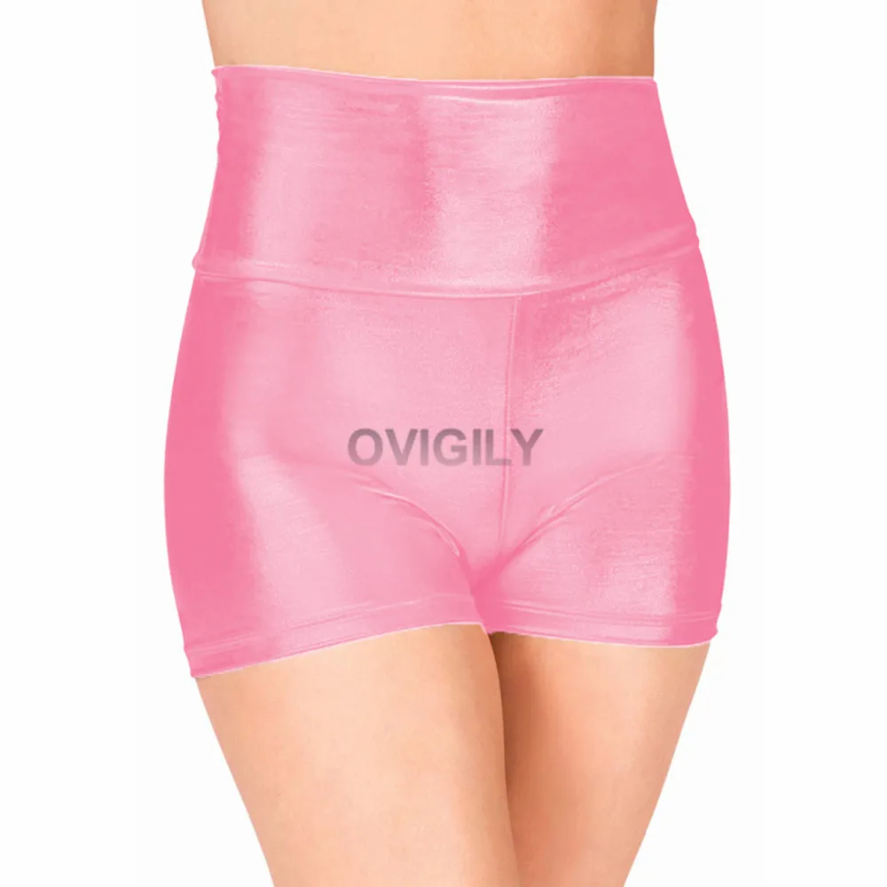 Pink OVIGILY Женские королевские синие танцевальные шорты с высокой талией для взрослых металлические гимнастические шорты золотые рейв попой шорты черные Cheer шорты - Цвет: Pink