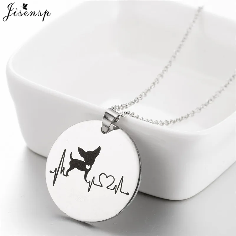 

Jisensp Stainless Steel Chihuahua Heartbeat Dog Pendant Necklace Women Fashion Jewelry Cute Funny Animal Necklace Round collares