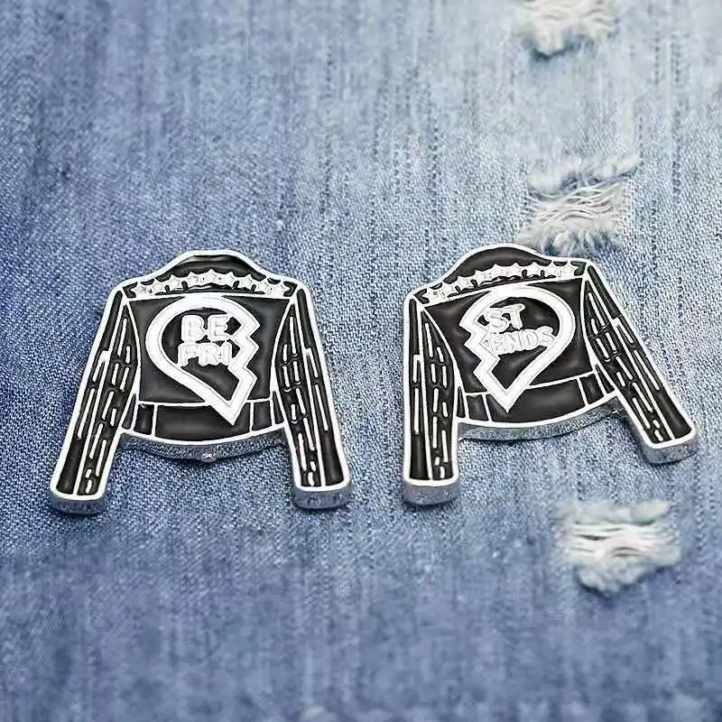 Cartoon 2 Pcs/Set Black Leather Jacke Broken Heart Brooches Pins Fashion Best Friends Enamel Brooch Forever Friendship Lapel Pin | Украшения