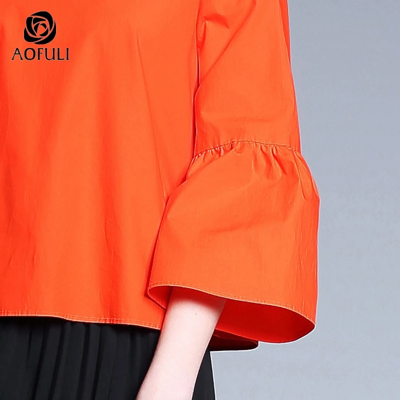 Женские блузки с расклешенными рукавами AOFULI S ~ 4XL оранжевые рукавом 3/4 хлопковые