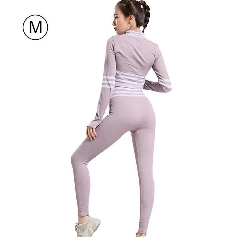 Новая мода костюм для йоги Tight с длинными рукавами Высокая талия бедра узкими полосками комплект спортивной одежды из 2х шт./компл. для женщин Фитнес Спорт - Цвет: Purple