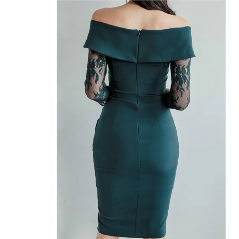 Plus Size Pencil Dress 2018 Women Autumn Green Three Quarter Sleeve Slash Neck Lace Elegant Party Vintage Club Dresses | Женская одежда