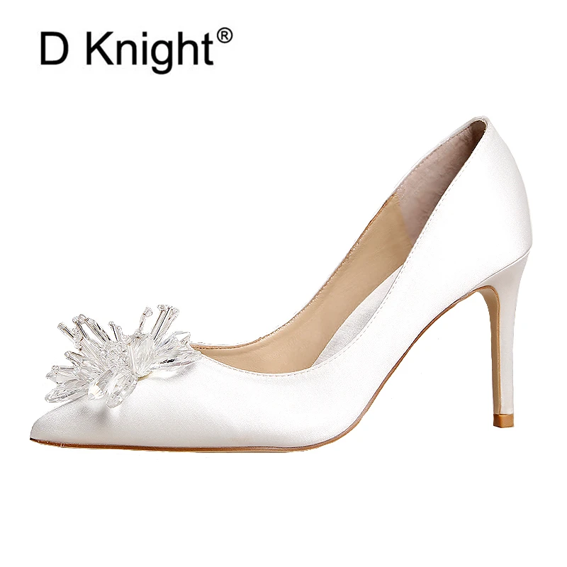 

Crystal Flower Women Pumps Wedding Shoes Handmade White Bridal Shoes Satin Bridesmaid Banquet Dress Shoes Stiletto 7cm/9cm Heels