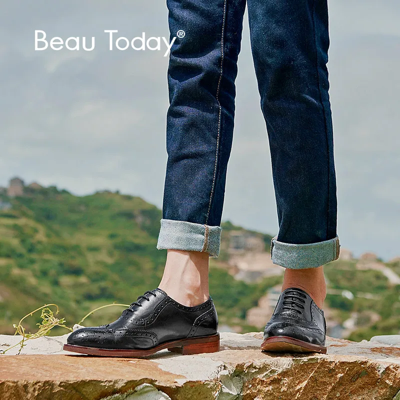 Женские туфли-оксфорды BeauToday черные броги на плоской подошве из телячьей кожи с