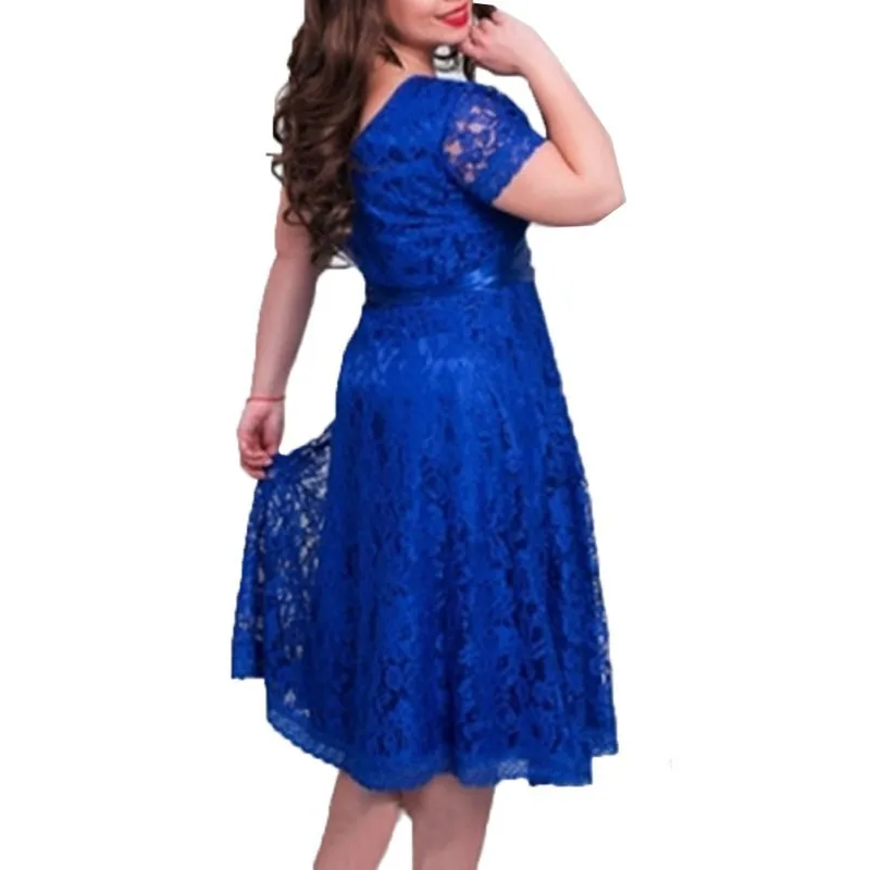 S 6XL Чай Длина плюс Размеры кружевное платье короткий рукав A Line Midi Dress пояс кушак
