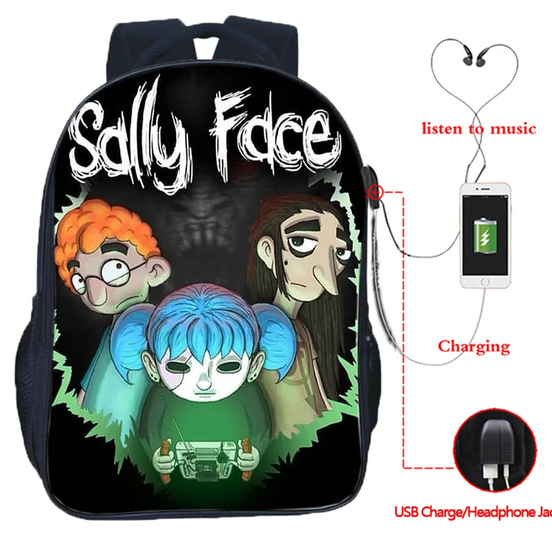 Sally Face USB зарядка школьные сумки подростковый рюкзак для ноутбука Хип-Хоп сумка повседневные дорожные сумки 16 дюймов Mochila