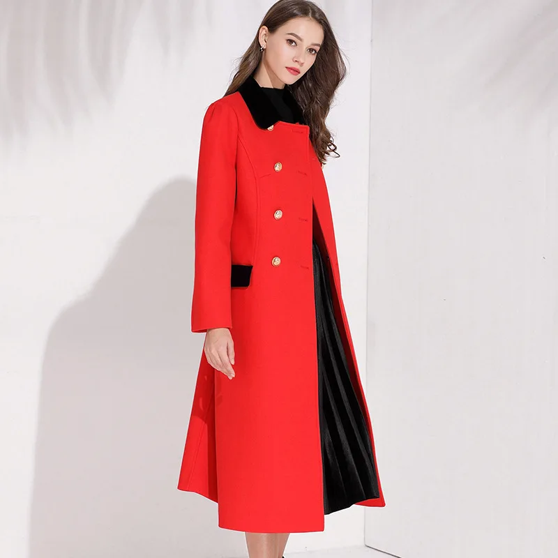 

X-long black and red color block wool coat women slim double breasted woolen outerwear 2019 autumn winter