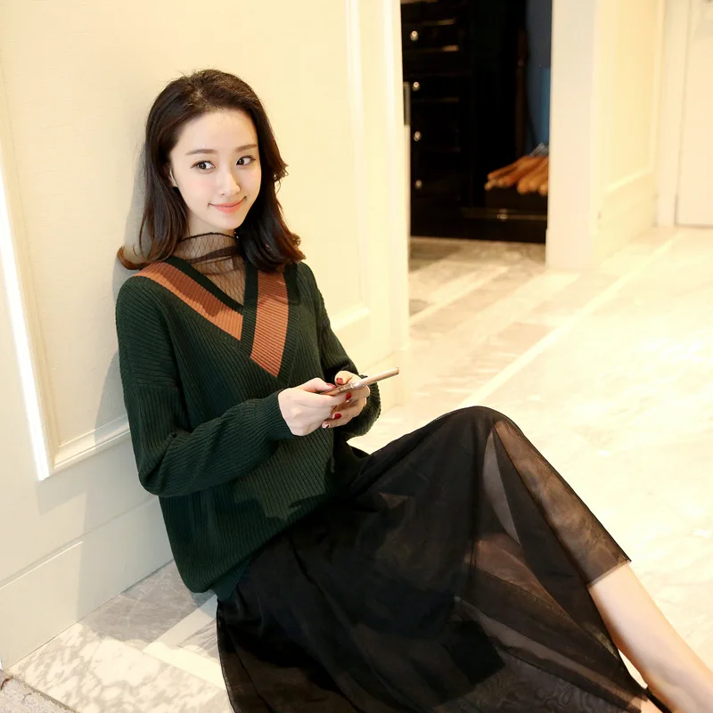 Feierhaosi Elegant Loose Fashion Women Sweaters Full Sleeve V-Neck Knitted Bodycon Casual Vestidos Basic Sweater | Женская одежда