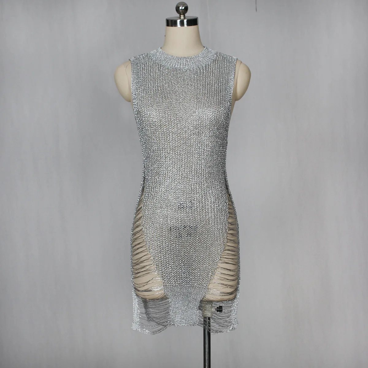 Женское трикотажное мини-платье с круглым вырезом без рукавов | Женская одежда