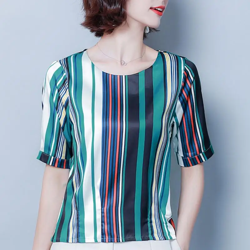 Summer new loose Shirt temperament elegant fashion sweet striped silk slim short-sleeved round neck blouse 4XL |