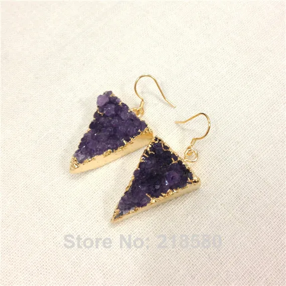 

H-CE352 Healing Crystal Amethysts Triangle Drop Earrings Gold Color