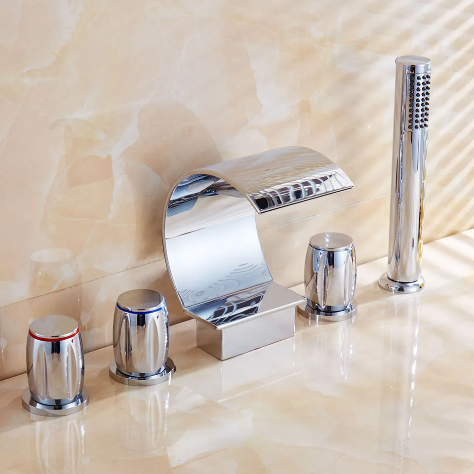 

Waterfall Faucet Bathtub Faucet Brass Chrome Brush 5 Hole Bathroom Faucet Set Rainfall Shower Hand Basin Hot and Cold Mixer Tap