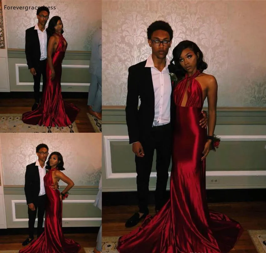 

2019 Cheap Black Girls Long Prom Dress Burgundy Halter Formal Pageant Holidays Wear Graduation Evening Party Gown Plus Size