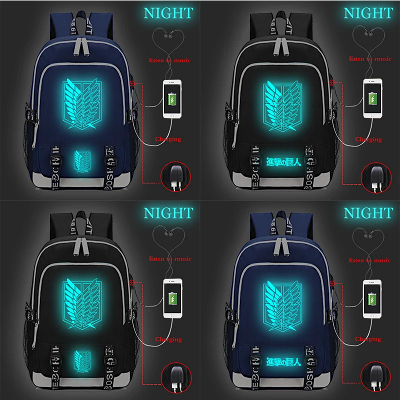 

Светящийся рюкзак «атака на Титанов», дорожная сумка на плечо с USB-зарядкой для мужчин и женщин, для мальчиков и девочек