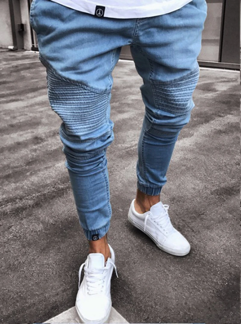 Men denim pants blue Jeans men Slim fit striped Hip hop Skinny pencil For high street stretch elastic jeans | Мужская одежда