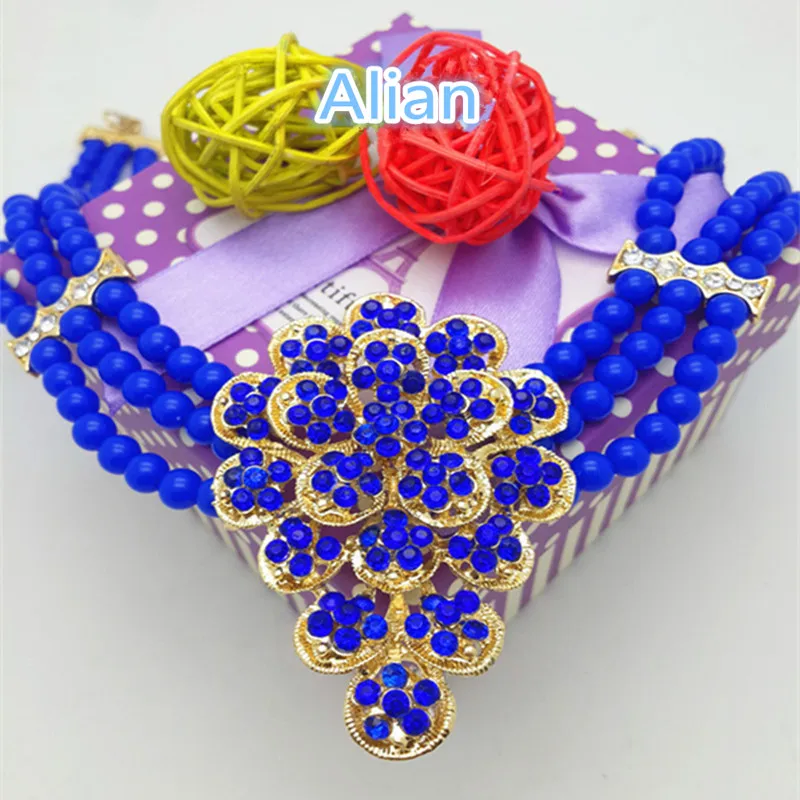 Fashion women Gold-color African Blue Bead Jewelry Set women's wedding jewelry dress bridal accessories earrings necklace ring |