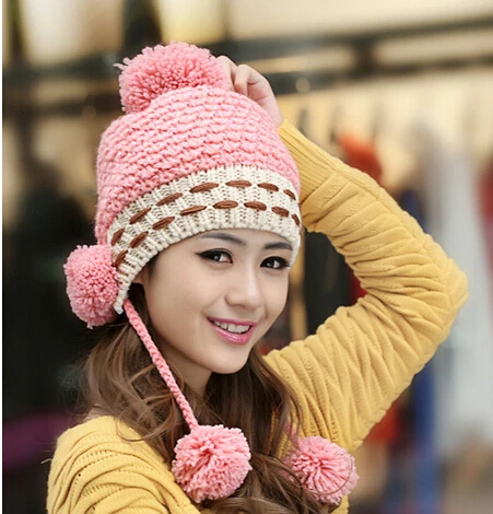 

BomHCS Cute Winter Warm Wool Handmade Knit Hat Women Lady Ear Muff Three Balls Knitted Hat Fashion Cap Beanie
