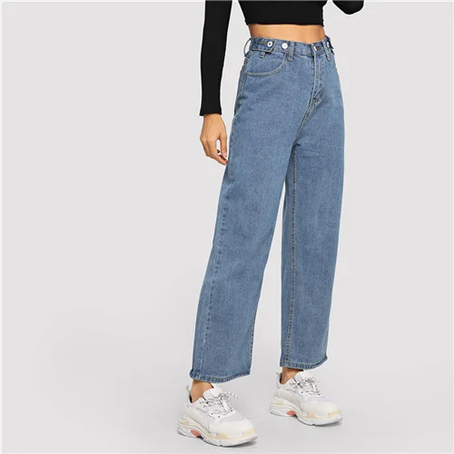 Blue SweatyRocks, широкие женские джинсы на пуговицах, уличная одежда, одноцветные длинные джинсовые штаны с высокой талией,, летние синие повседневные свободные джинсы - Цвет: Blue