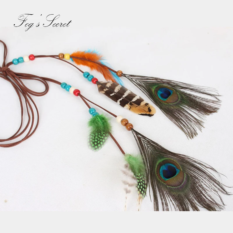 Женская ободок для волос этнического стиля с деревянными бусинами и перьями, аксессуары для волос.