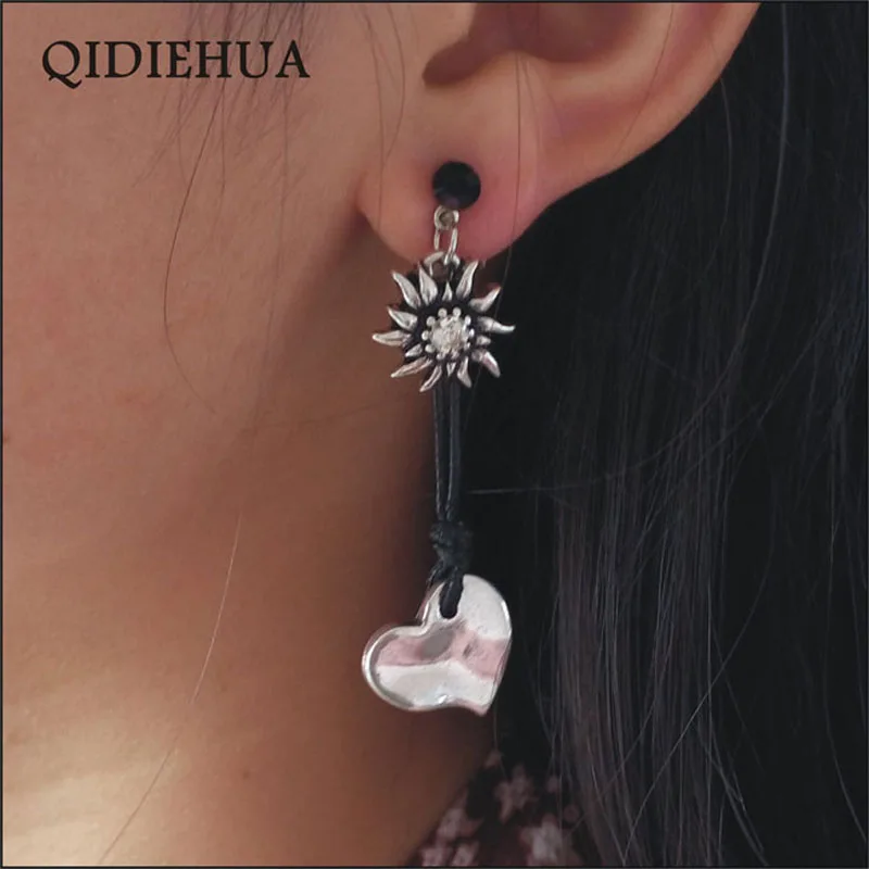 QIDIEHUA Мода Boho Edelweiss Висячие серьги для женщин ювелирные изделия Brinco тибетская гравировка Серебряное сердце, для влюбленных длинные свисающие серьги