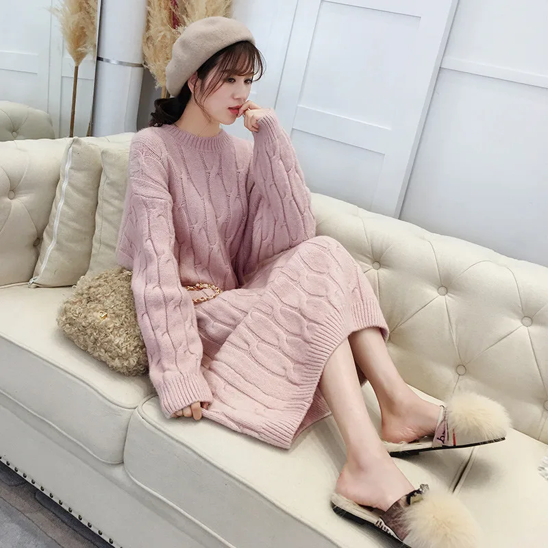 

OLGITUM 2020 New Winter and Autumnn Thickening Women Sweater Long Dress Loose Turtleneck Fashion Long Knitted Dress