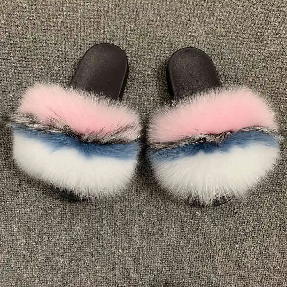 4 CCFUR New Colors Summer Slides Women's Real Fox Fur Slippers Fluffy Fur Sliders Mixed Color Fashion Lady S6048 - Цвет: 4