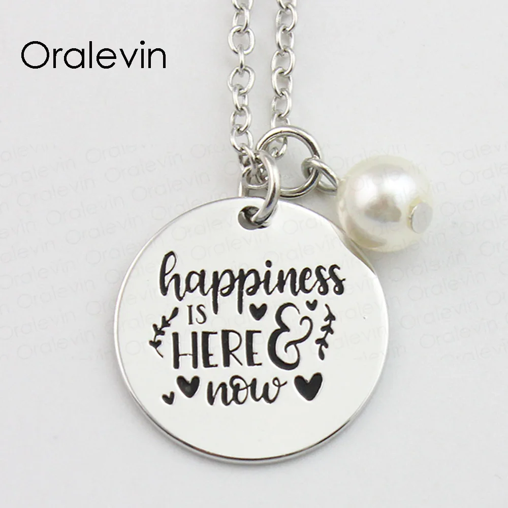 

HAPPINESS IS HERE NOW Inspirational Hand Stamped Engraved Accessories custom Pendant Necklace Gift Jewelry,10Pcs/Lot, #LN781