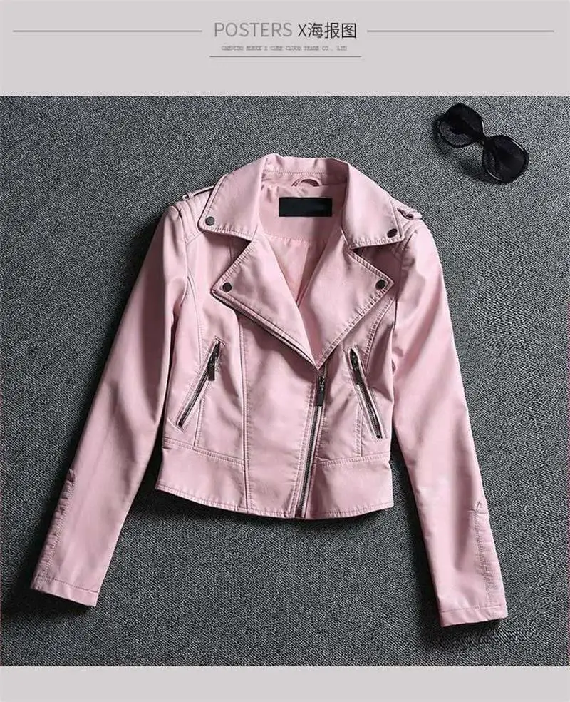 

spring Pu Leather Jacket Women Fashion Bright Colors Motorcycle Coat Short Faux Leather Biker Jacket Soft Jacket Female fall