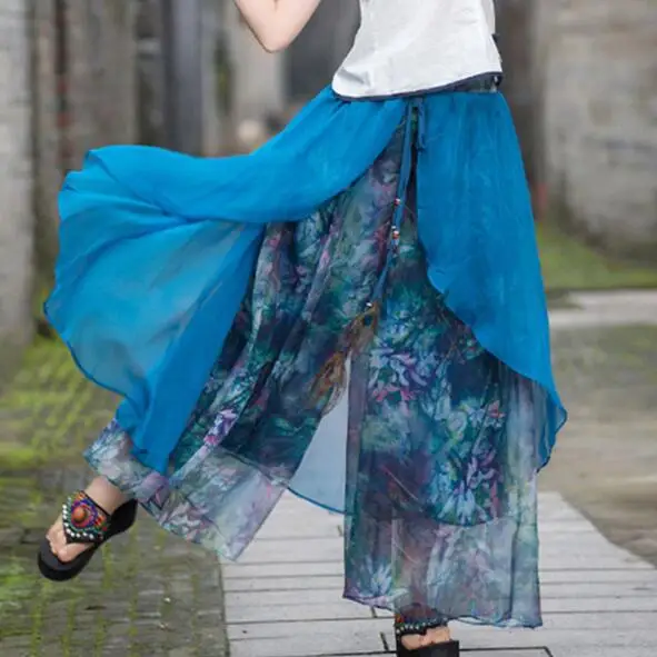 Женские широкие брюки в этническом стиле с принтом AF596 длинные синие пэчворк