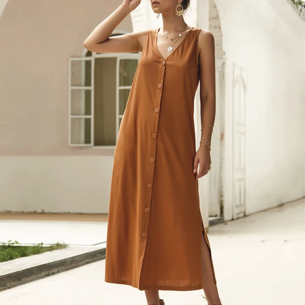 Newest 2019 Sexy Fashion Spring Summer Women V Neck Sleeveless Button Pocket Loose Long Maxi Tank Dress #2019.5.14 | Женская одежда