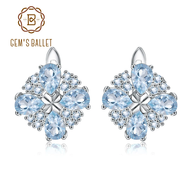 GEM'S балетные 925 пробы серебряные ювелирные изделия 4.71Ct натуральный Небесно голубой топаз цветок серьги гвоздики для женщин Роскошная бижутерия