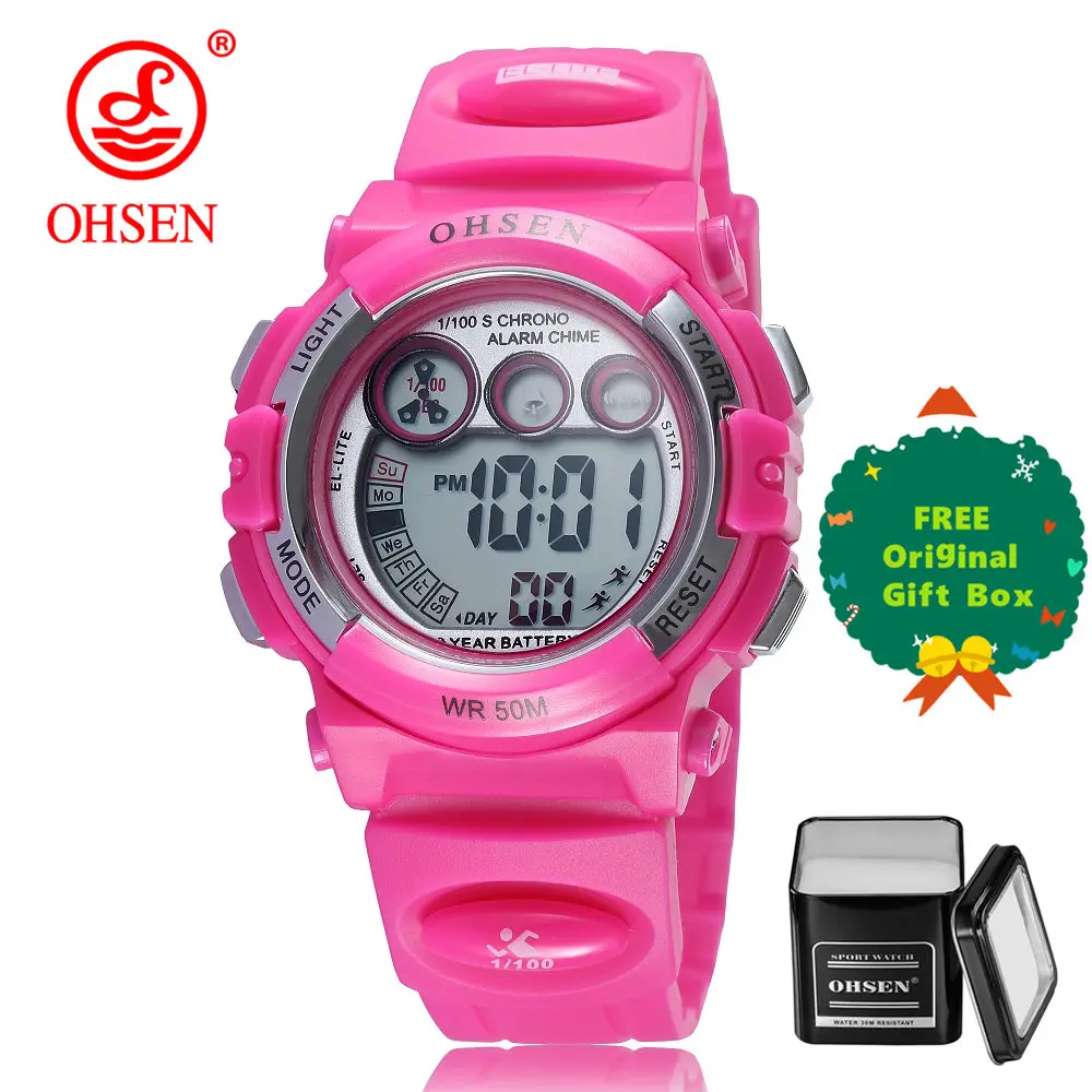 rose red and box OHSEN спортивные часы с мультипликационным принтом, детские часы, Фиолетовый силиконовый ремешок, Детские светодиодные цифровые наручные часы, студенческие часы для мальчиков и девочек - Цвет: rose red and box