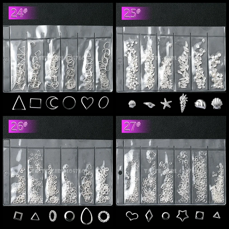

1 Pack Mix 6 Shape Silver Sea Shell Geometry Frame 3D Metal Studs Nail Art Alloy Gems Decorations Manicure DIY Tips 24-28#