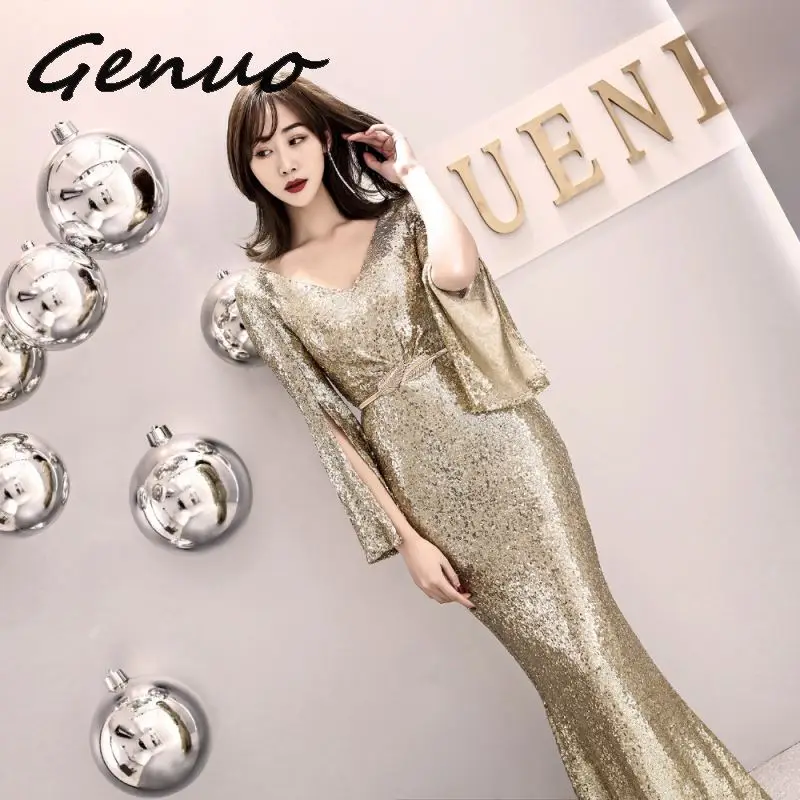 Genuo Elegant Party Dress Women Gold Silver Sequin Evening Party Gown Cloak Sleeves V Neck Belt Sexy Wedding Vestido de fiesta