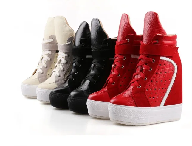 Women Sneakers Casual Platform Trainers Genuine Leather Shoes 14CM Heels Autumn Wedges Breathable Woman Height Increasing | Обувь