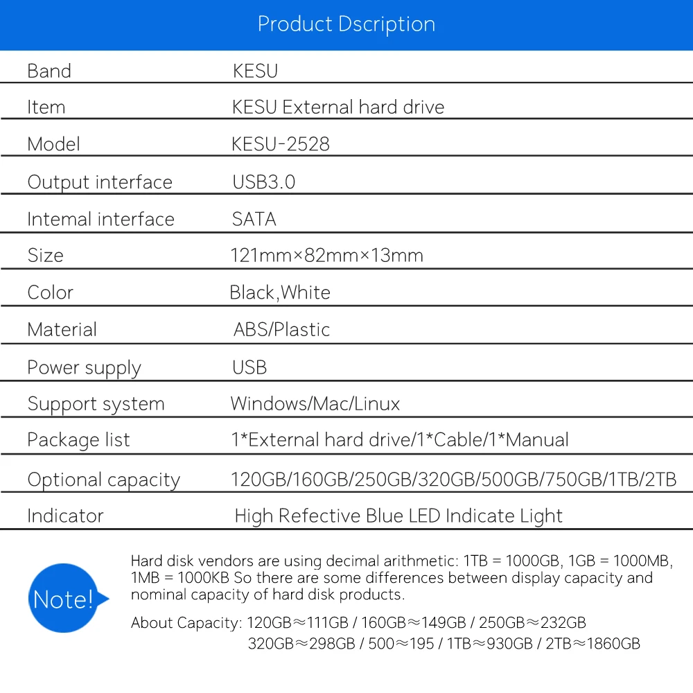 KESU HDD 2 5 &quotвнешний жесткий диск 80 GB/120 GB/250 GB/320 gb/500G/ТБ/2 ТБ hd externo disco duro USB3.0|Внешние