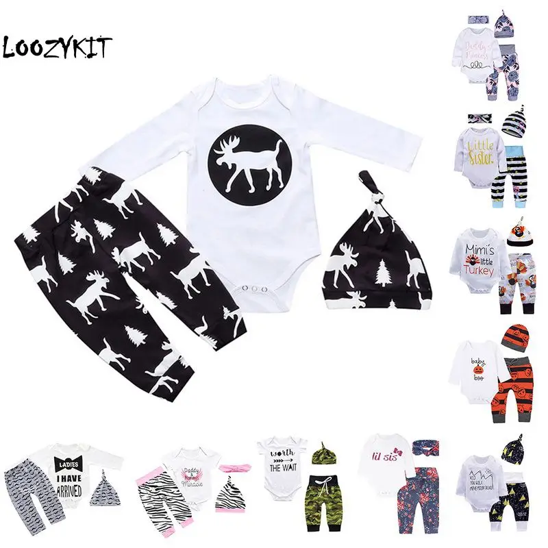 3 шт. хлопковая футболка с длинным рукавом штаны и шапка | Детская одежда обувь