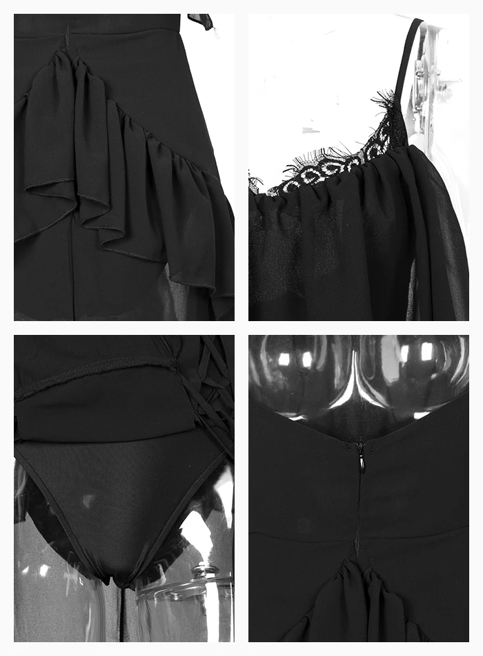 LOVE&LEMONADE Sexy Black Suspenders Lace Ruffle Stitching Split Chiffon Beach Long Dress LM81869