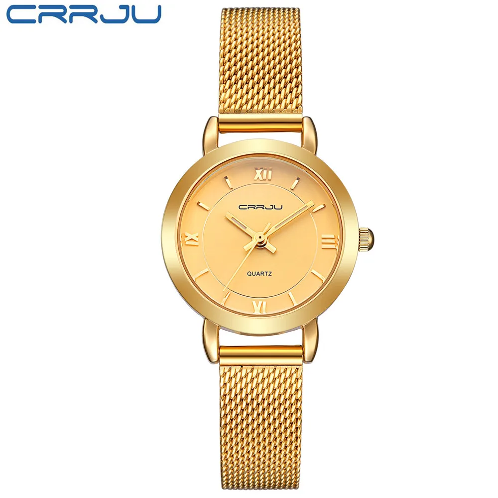 golden CRRJU маленький круглый циферблат тканый сетчатый ремешок кварцевые женские часы Известный люксовый бренд простые повседневные женские наручные часы для женщин - Цвет: golden