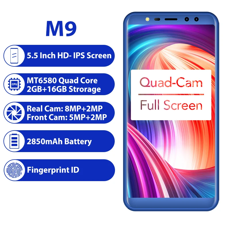 Leagoo M9 3 г смартфон 5." 18:9 полный Экран четыре-камеры Android 7.0 mt6580a 4 ядра 2 ГБ+ 16 ГБ 2850 мАч отпечатков пальцев мобильный телефон